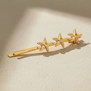 18K Gold Plated Stainless Steel Starfish Pearl Barrette Coastal Beach Bobby Pin